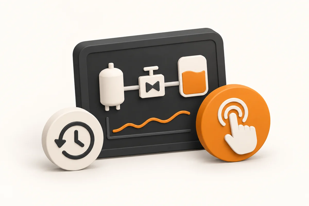 Icon illustration of HMI controls, process monitoring and batch history