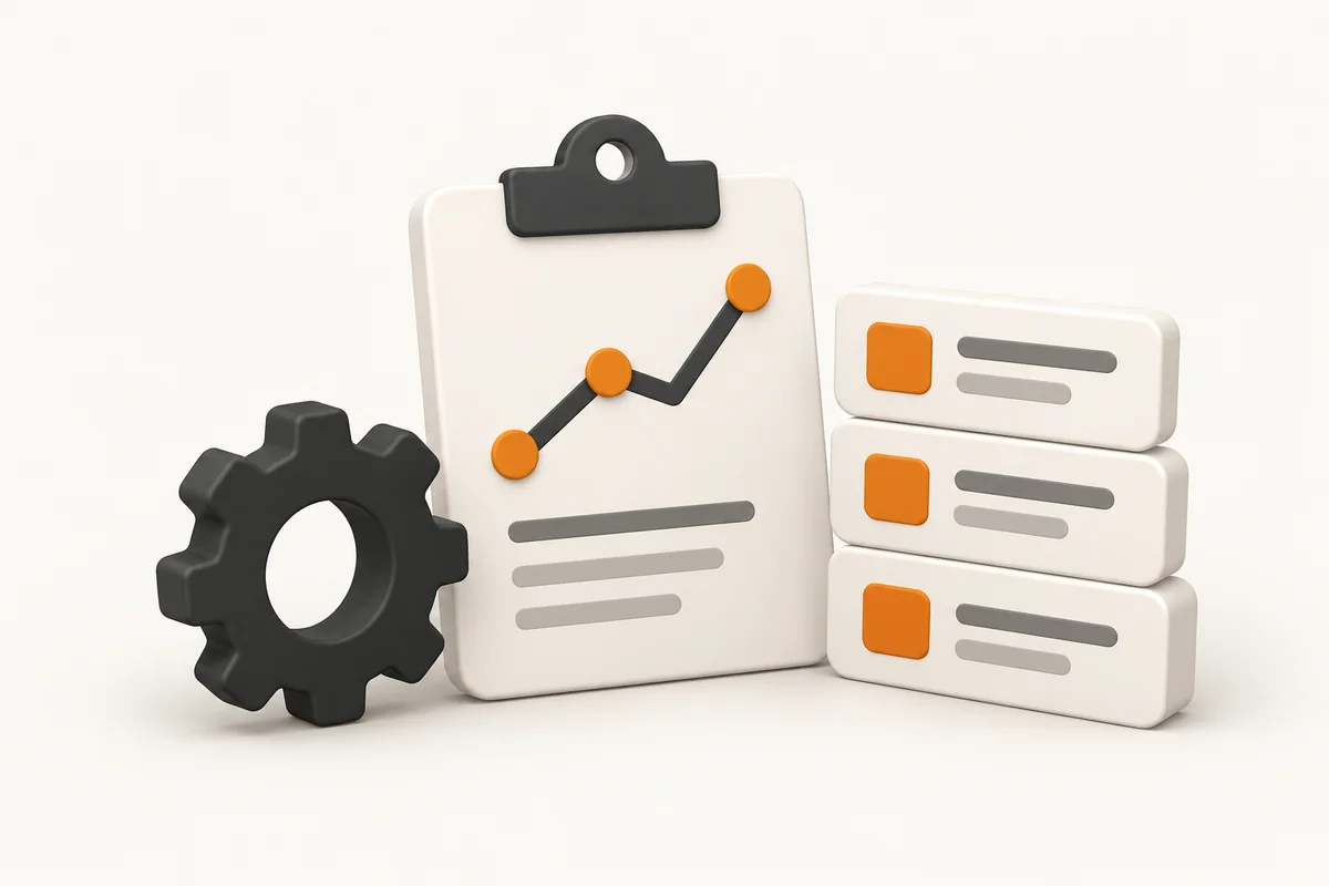 Icon illustration of a production chart, batch records and a gear