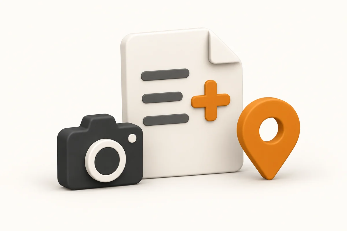 Icon illustration of an additional-work record with a photo and location