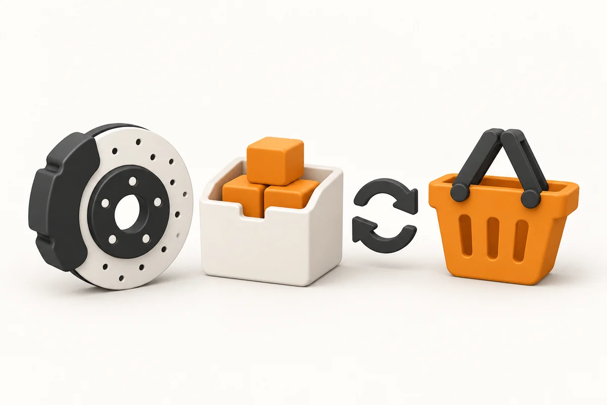 Icon illustration of automotive parts, inventory and a connected online store