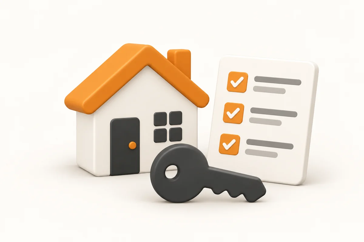 Icon illustration of a home, key and purchase-process checklist