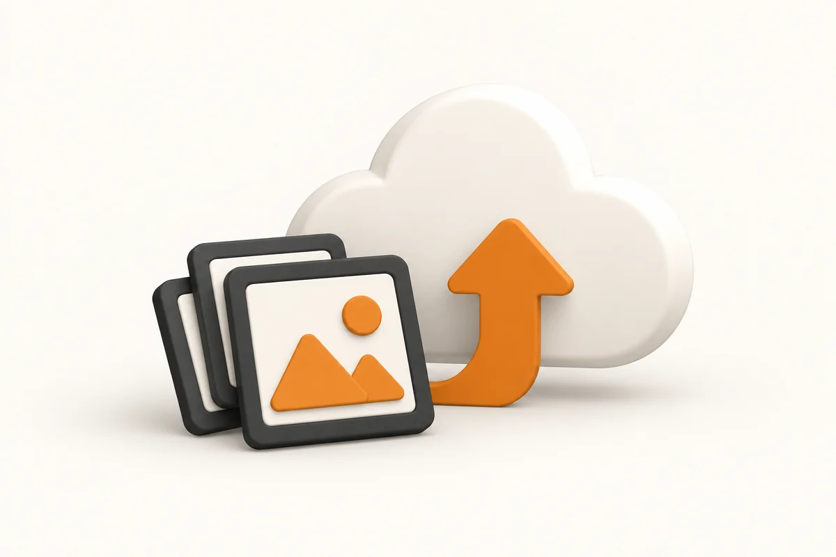 Icon illustration of media files being uploaded to cloud storage
